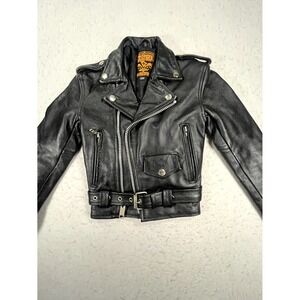 Milwaukee Moto Jacket Kid 3XS Black Leather‎ Full Zip Lapel Collar Cropped Biker